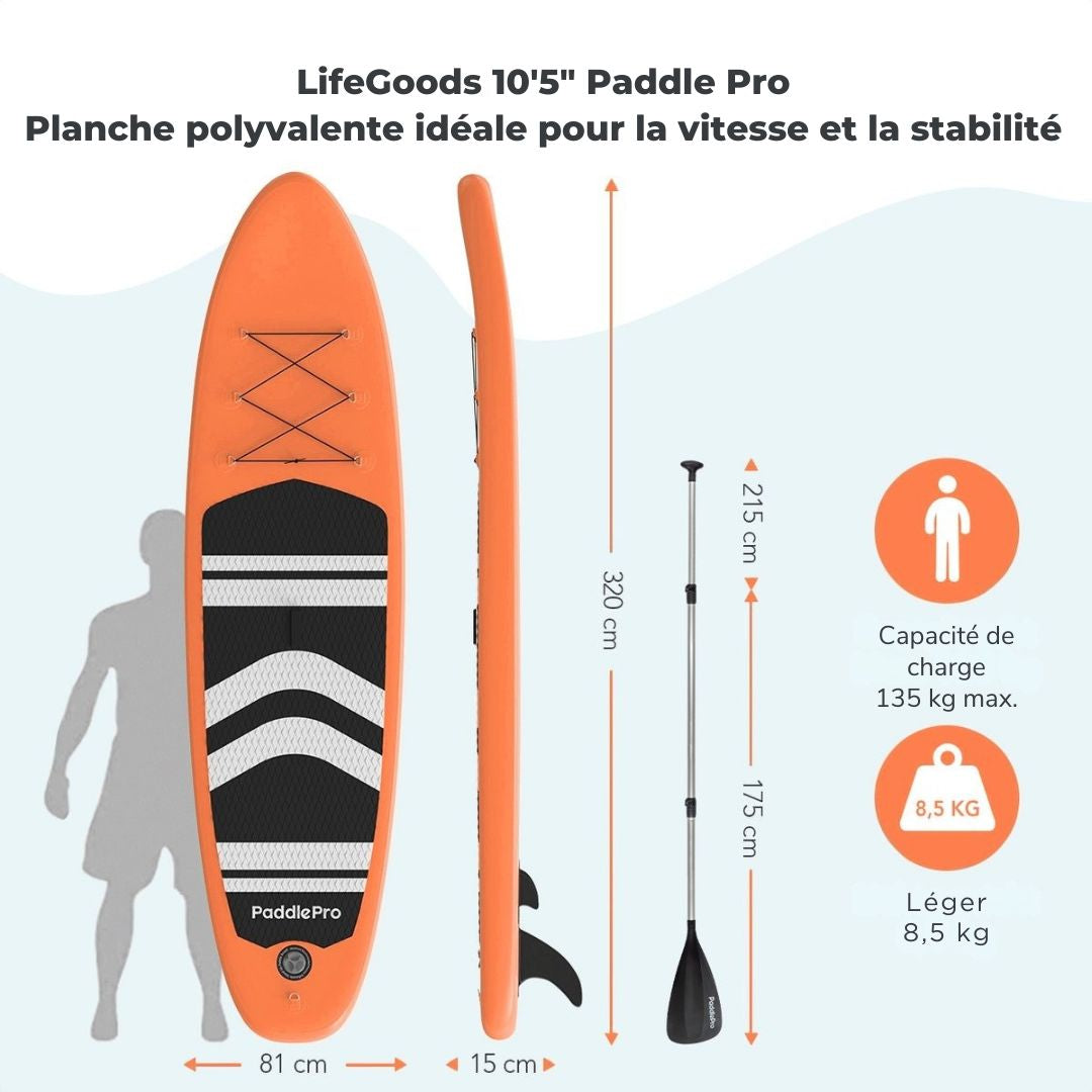 Paddle LifeGoods SUP Board - avec siège - Set complet - Max. 135KG - 320x81cm - Orange