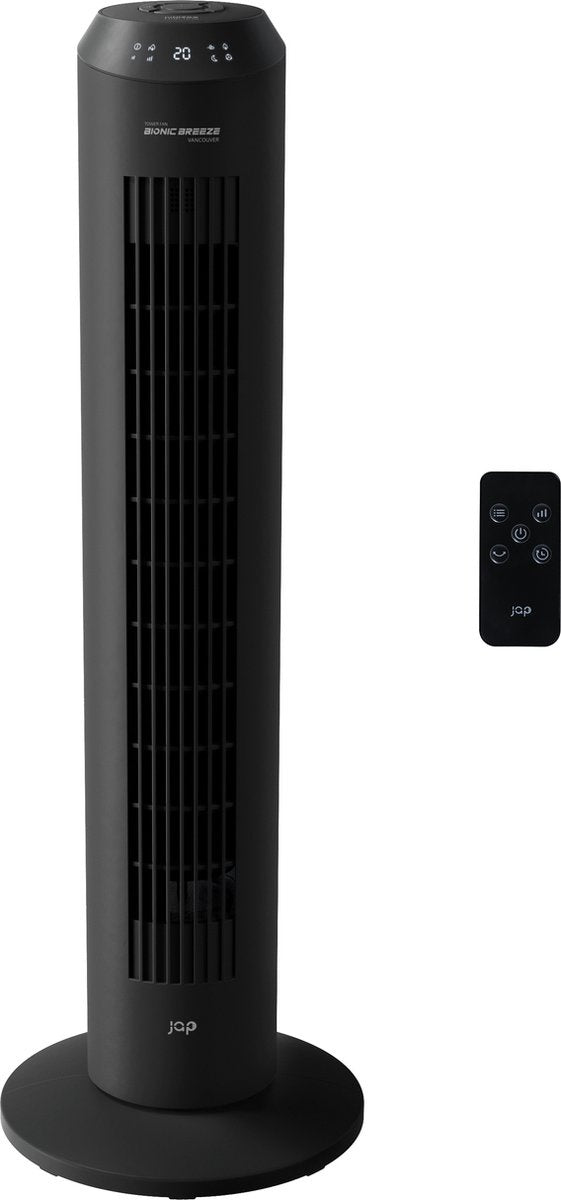 JAP Appliances Vancouver - 2 en 1 Ventilateur silencieux (48dB) et purificateur d'air (Ioniseur) - Ventilateur de tour avec télécommande et minuterie - 6 niveaux - Noir mat