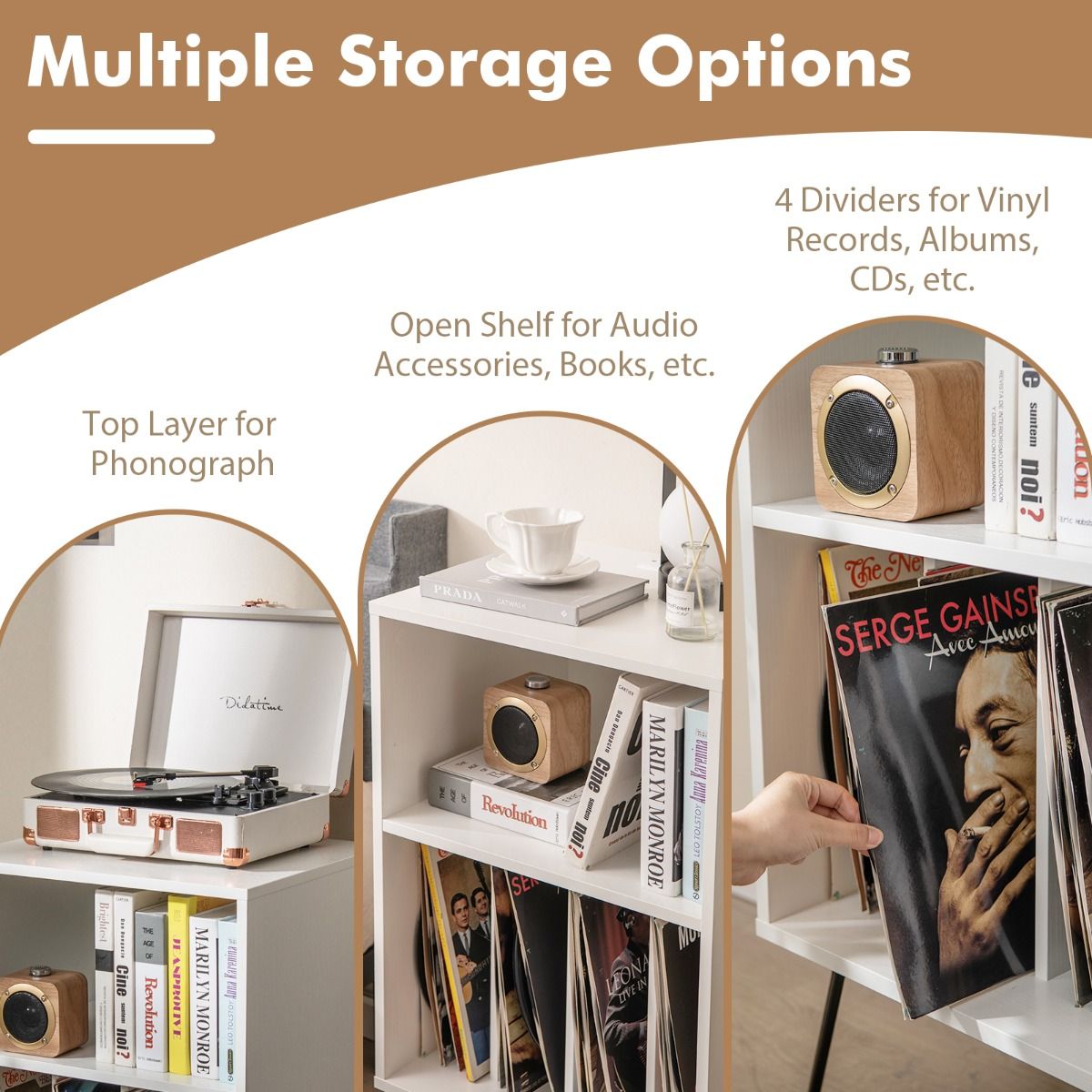 Support pour platine vinyle Coast - Table de rangement pour vinyles à 3 étages - avec station de recharge - blanc