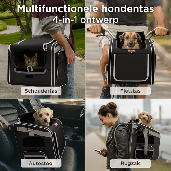 Panier de vélo pour chien TrevoPet® à l'avant - Panier de vélo 4 en 1 : panier pour chien, sac de transport, sac à dos et siège auto - Compatible avec tous les vélos - Pour les chiens jusqu'à 8 kg - Noir