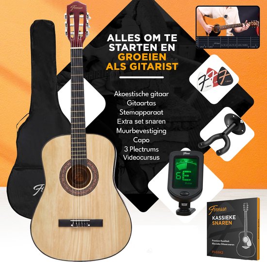 Guitare acoustique Finesse - avec cours vidéo - Cordes en nylon - Guitare classique - Guitare espagnole - Enfants - Adultes - Naturel