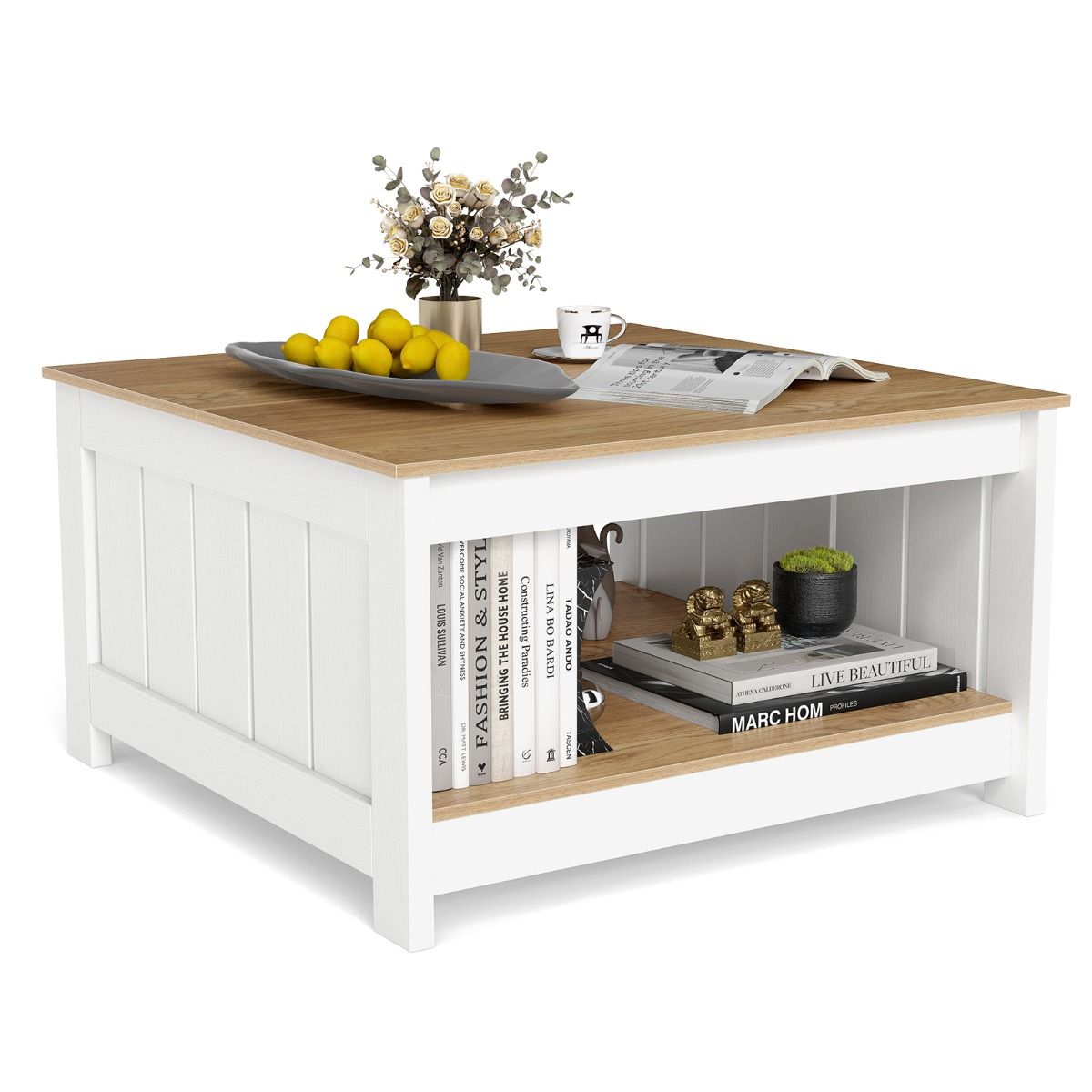 Table basse Coast en bois - 2 niveaux - Espace de rangement - Naturel et blanc - 80 x 80 x 45 cm