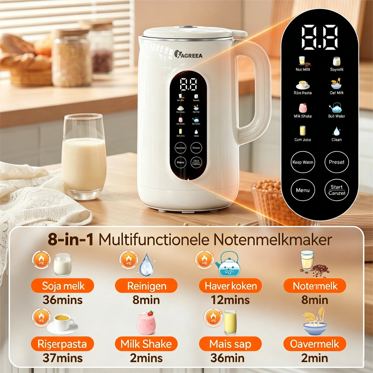 Machine à lait de noix IAGREEA 10-en-1 avec couvercle en acier inoxydable - Matériau sans BPA, idéal pour préparer du lait d'amande maison