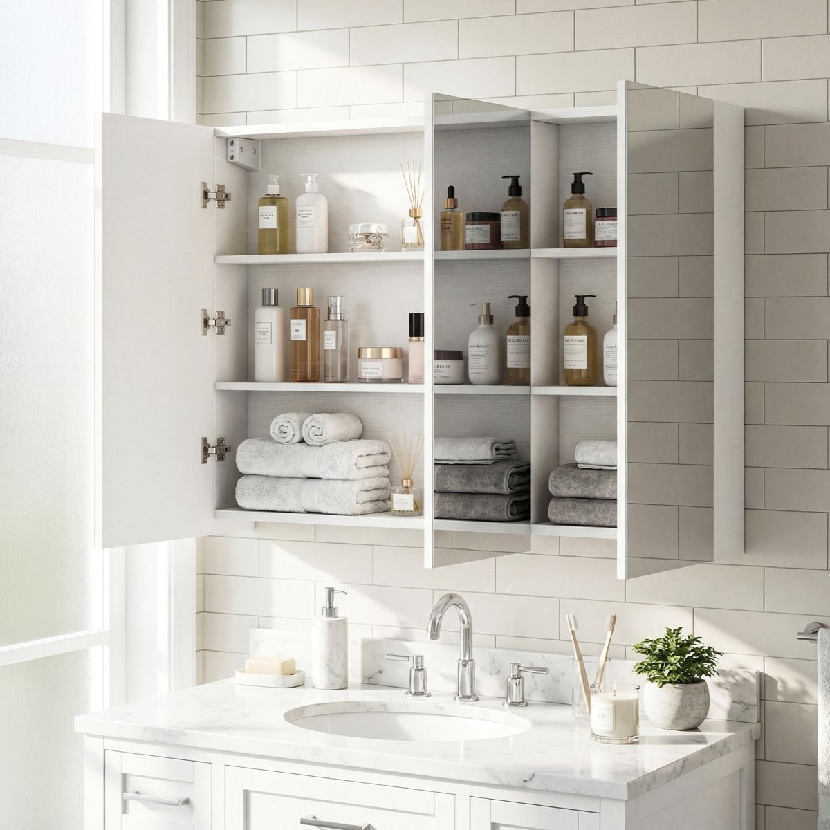 Armoire de salle de bains avec miroir mural Coast - trois portes - 6 compartiments - blanche - 87 x 65 x 12,5 cm