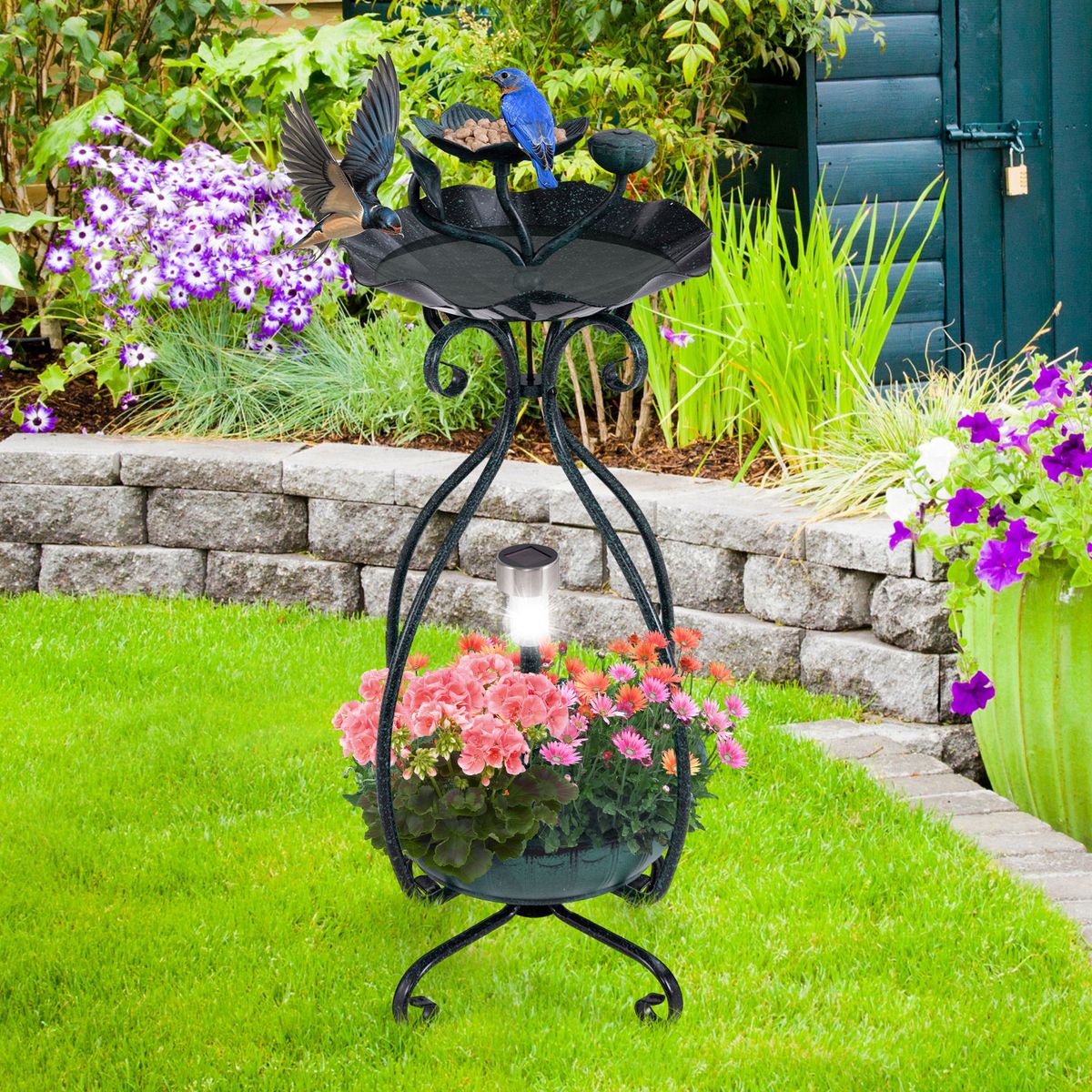 Bain d'oiseaux Coast avec panneau solaire - mangeoire automatique et pot de fleurs - lotus et feuilles décoratifs - vert