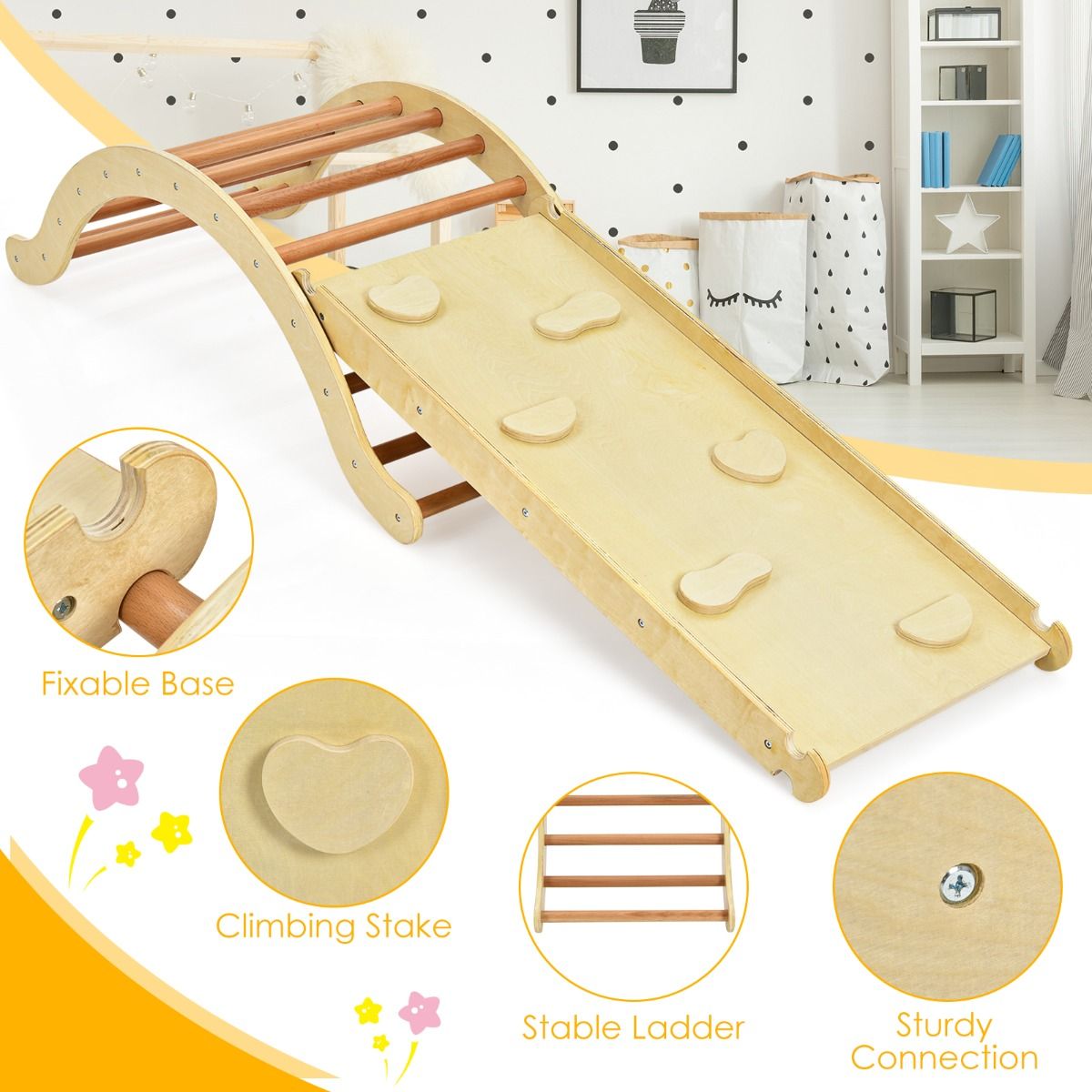 Ensemble d'échelle d'escalade 3-en-1 Coast pour enfants - Arche avec rampe d'escalade et balancelle - naturel + bleu