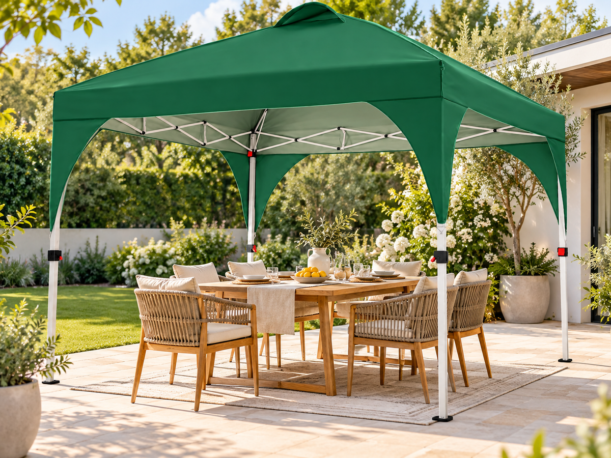 Tente de fête pliable « pop-up » Yaheetech avec valise à roulettes - Réglable de 251 à 271 cm - 2,43 x 2,43 m - Vert foncé