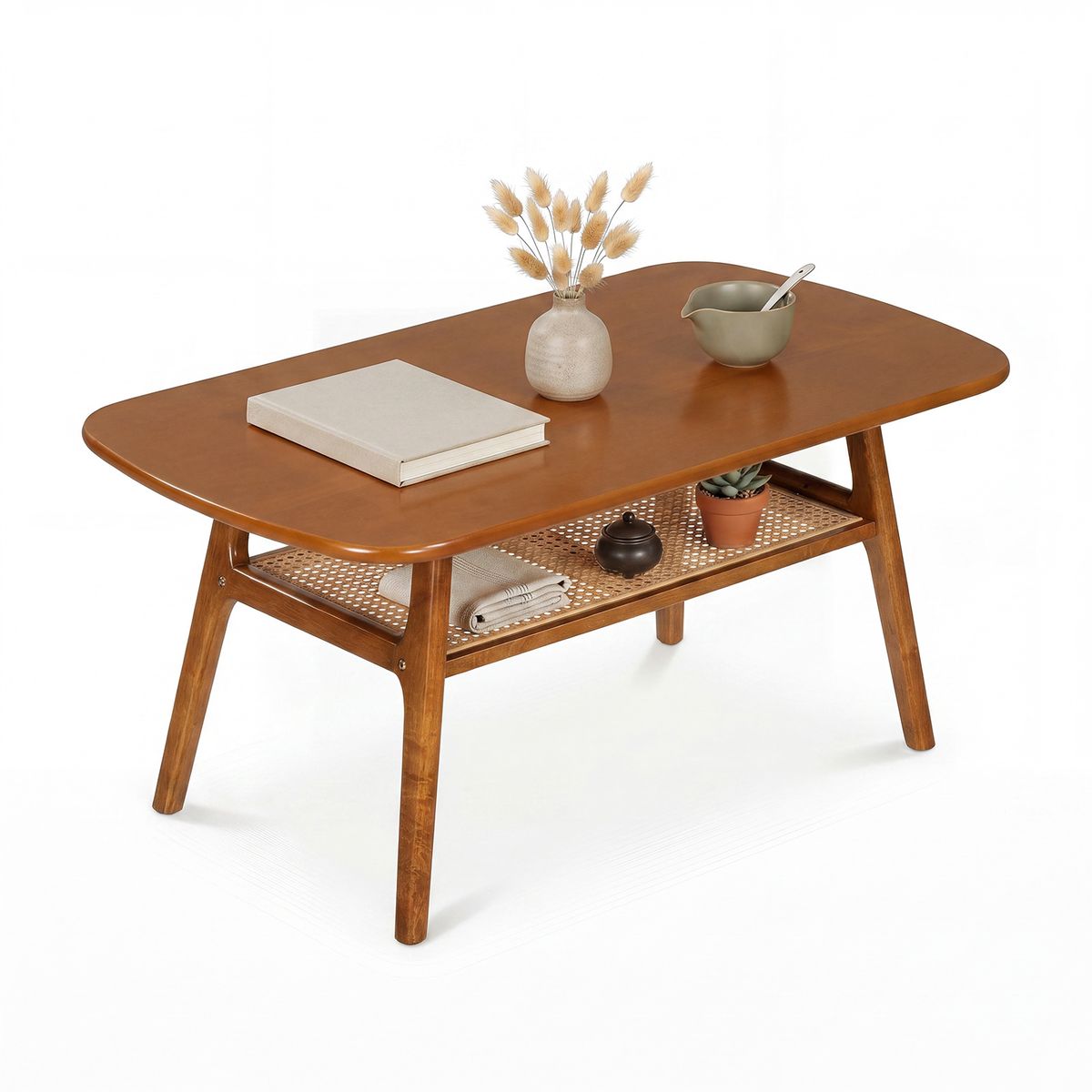 Table basse Coast - avec rangement en rotin - rectangulaire - noyer