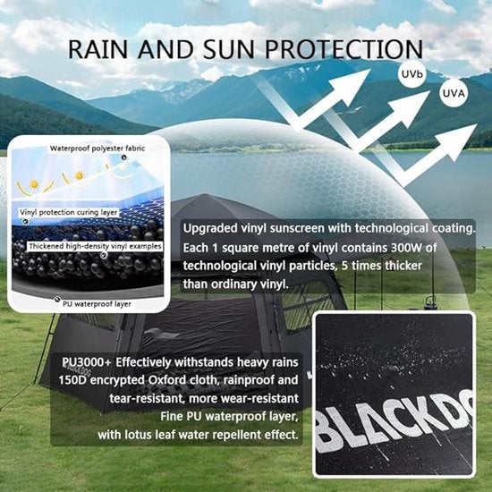 Tente Black Dog Dome - Tente de camping haut de gamme pour 6 à 8 personnes - Hexagonale à montage automatique - Tente familiale portable - Vinyle pliable - Protection contre le soleil et la pluie - Noire