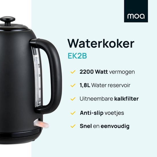 MOA Kettle 1,8 Liter - Bouilloire électrique - Avec filtre anti-calcaire et antidérapant - 2200W - Noir