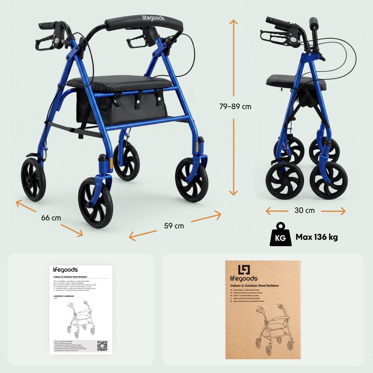 Rollator LifeGoods Basic : léger et pliable - Avec siège et dossier - Réglable de 79 à 89 cm - Capacité de charge de 136 kg - 66 x 59 x 79-89 cm - Bleu foncé