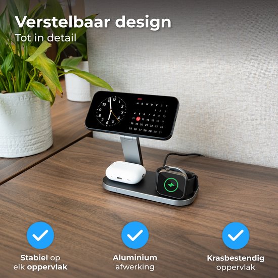 Chargeur sans fil Nuvance - 3 en 1 - 15 W - Station de recharge - Chargeur rapide - Chargeur sans fil - Compatible avec l'Apple Watch et les écouteurs Apple