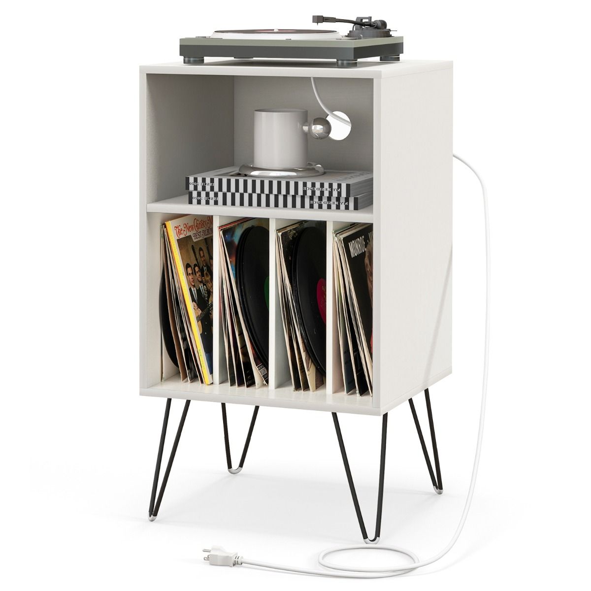 Support pour platine vinyle Coast - Table de rangement pour vinyles à 3 étages - avec station de recharge - blanc