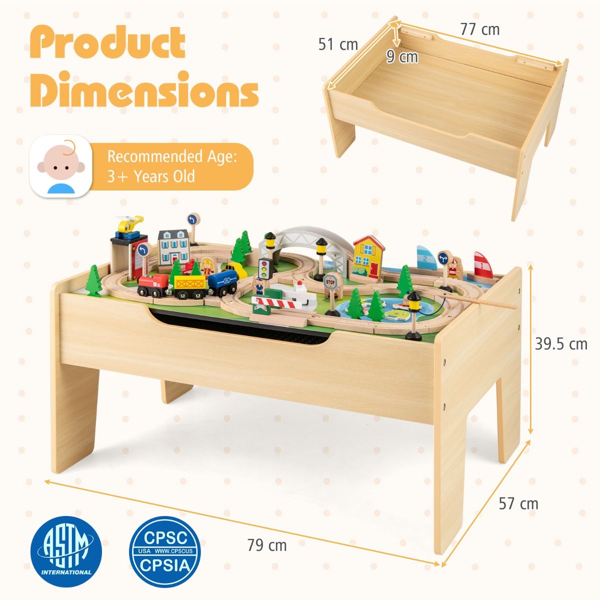 Table de train en bois Coast pour enfants - Table d'activités 5 en 1 - 78 pièces - Couleur naturelle