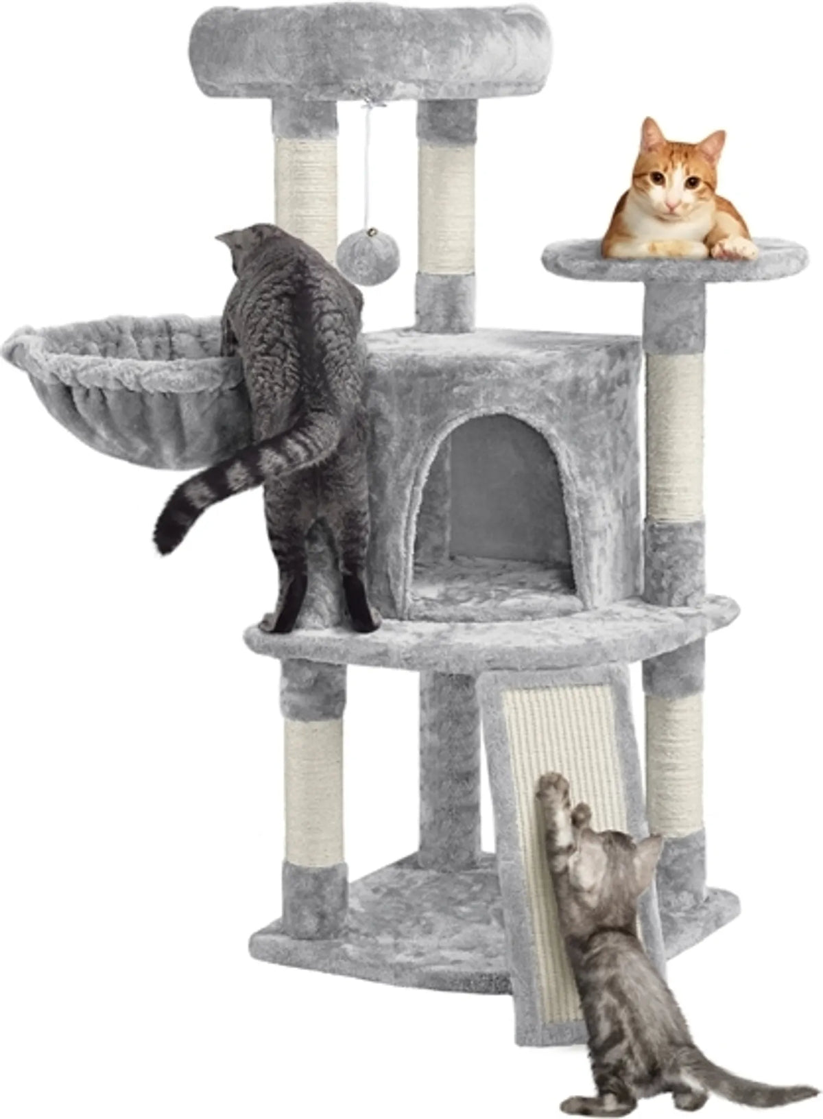 Yaheetech Cat Post With 5 Sisal Poles - Equipped With Padded Viewing Platform And Hammock And Cat Burrow - For 2 To 3 Small And Medium Cats - Light Grey Plush And Metal - 43,5 x 43,5 x 106 cm