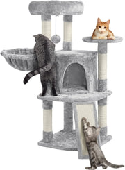 Yaheetech Cat Post With 5 Sisal Poles - Equipped With Padded Viewing Platform And Hammock And Cat Burrow - For 2 To 3 Small And Medium Cats - Light Grey Plush And Metal - 43,5 x 43,5 x 106 cm