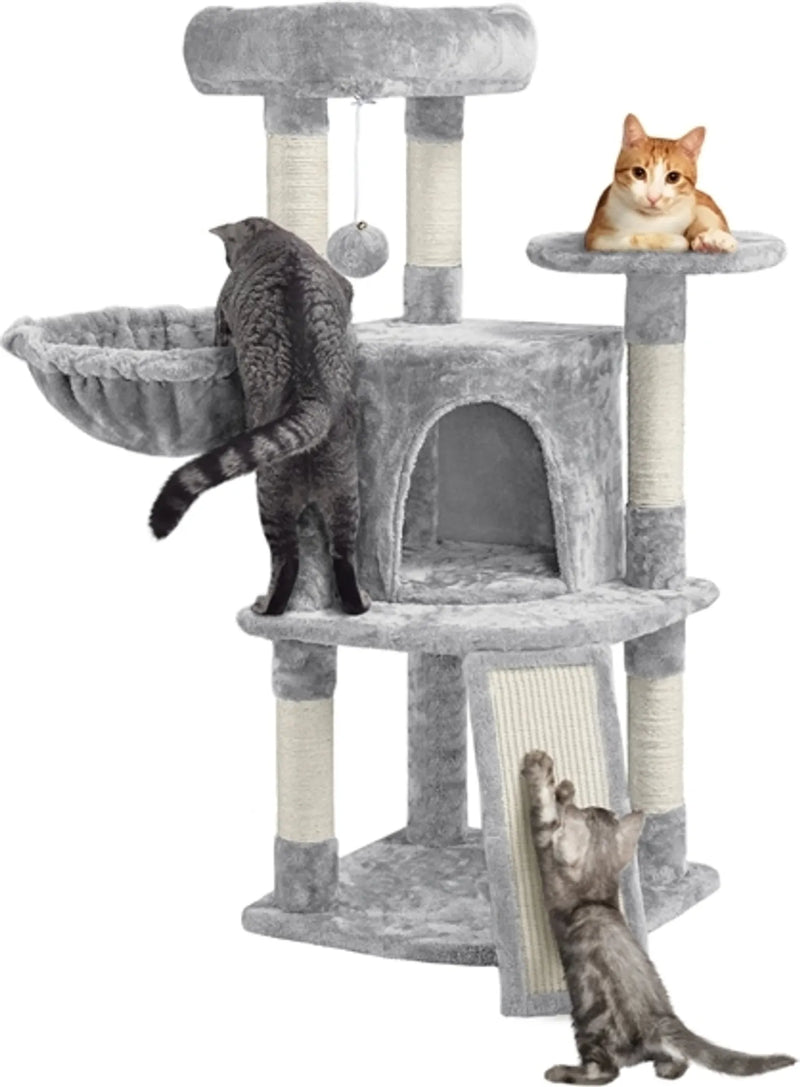 Yaheetech Cat Post With 5 Sisal Poles - Equipped With Padded Viewing Platform And Hammock And Cat Burrow - For 2 To 3 Small And Medium Cats - Light Grey Plush And Metal - 43,5 x 43,5 x 106 cm