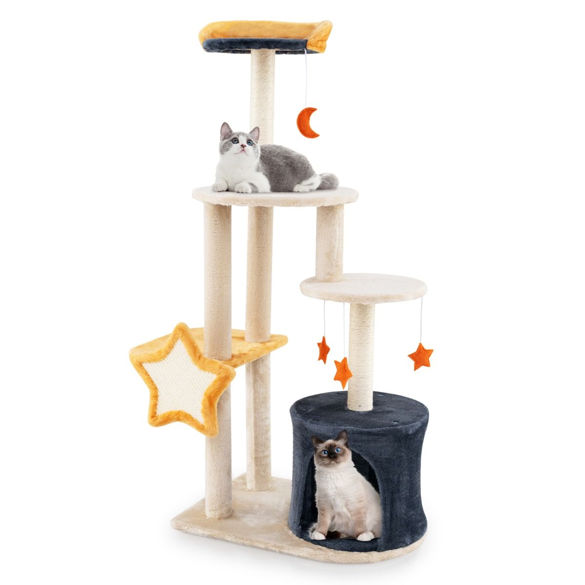 Arbre à chat Coast - 128 cm - Plusieurs étages - Poteaux à griffer en sisal - Beige et gris