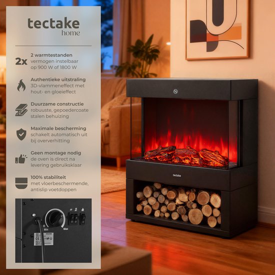 tectake® Electric Fireplace - Atmosphere Fireplace - 900W & 1800W - Freestanding - Stove - with Heating - Fireplaces - with Wood and Glow Effects - 3D Flames - Timer