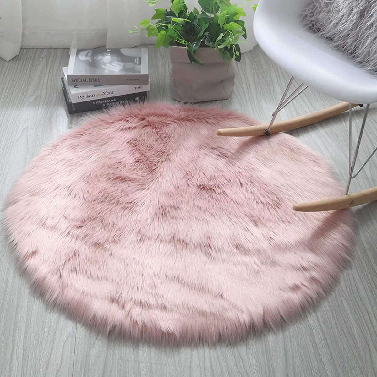 Tapis rond en fausse fourrure - rose - 90 × 90 cm