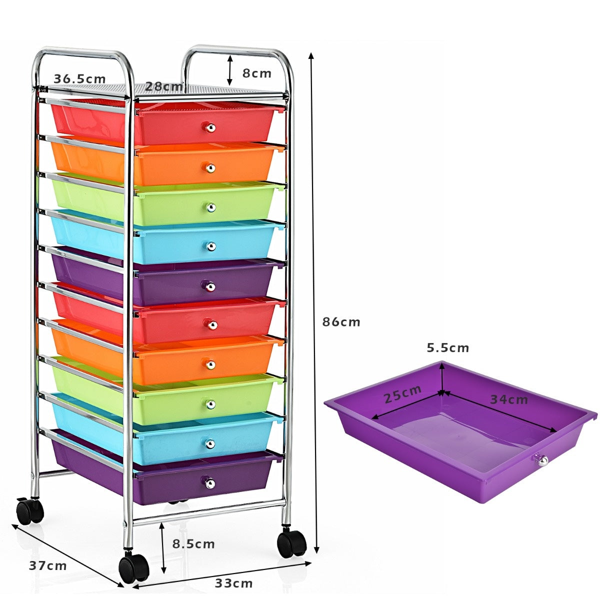 Coast Trolley Conteneur à rouleaux pour salle de bains Chariots latéraux avec 10 tiroirs 33 x 37 x 86 cm rouge + violet