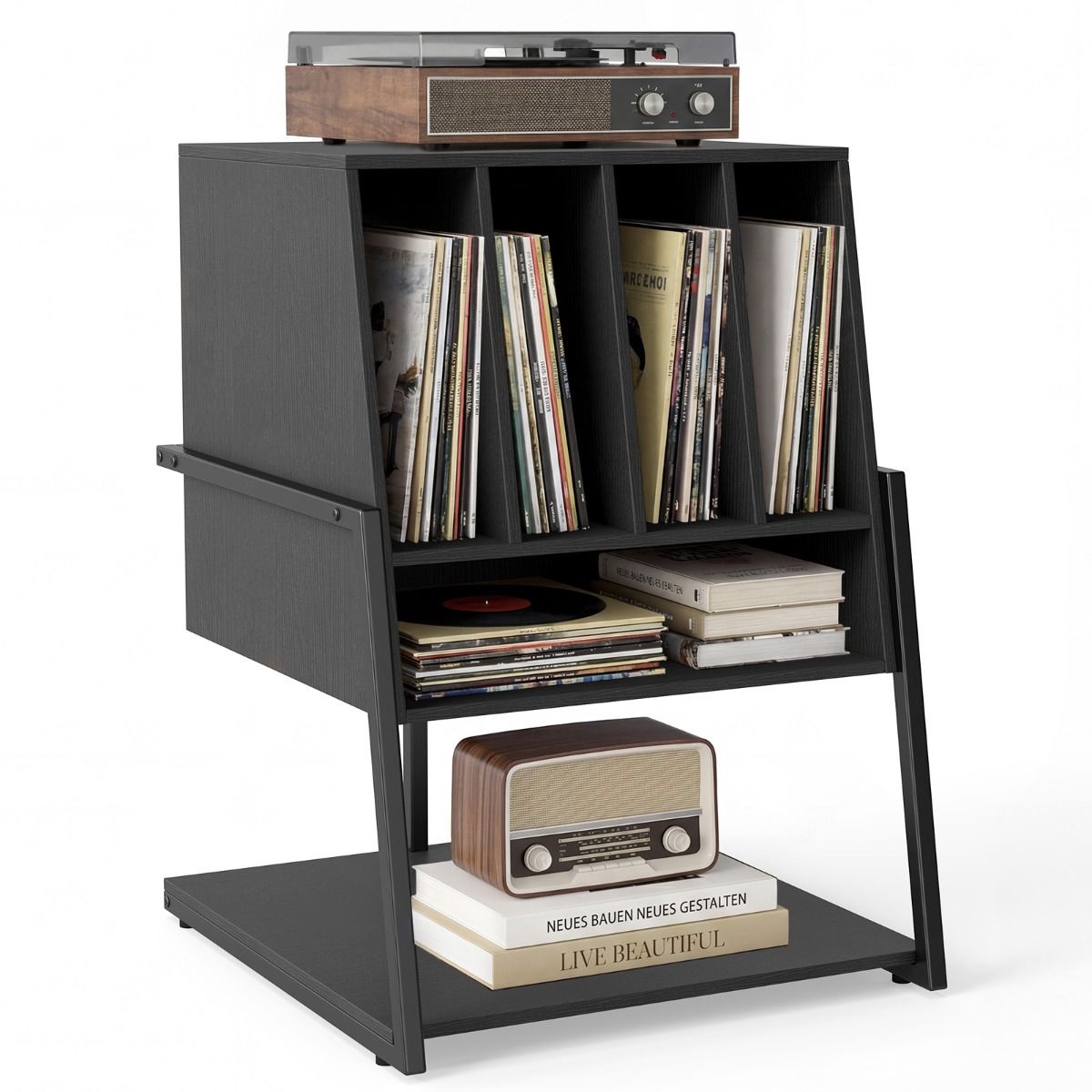 Meuble pour platine vinyle Coast - meuble pour platine vinyle avec espace de rangement - roulettes ou pieds réglables - noir/marron rustique - 54 x 57 x 76,5 cm