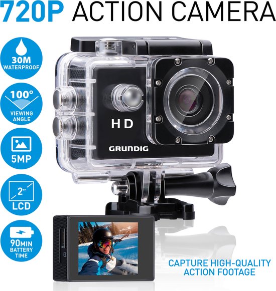 Grundig Action Camera HD720P - Caméra sous-marine - Étanche jusqu'à 30M - Écran LCD 2" - Accessoires divers inclus - Détection de mouvement - Noir