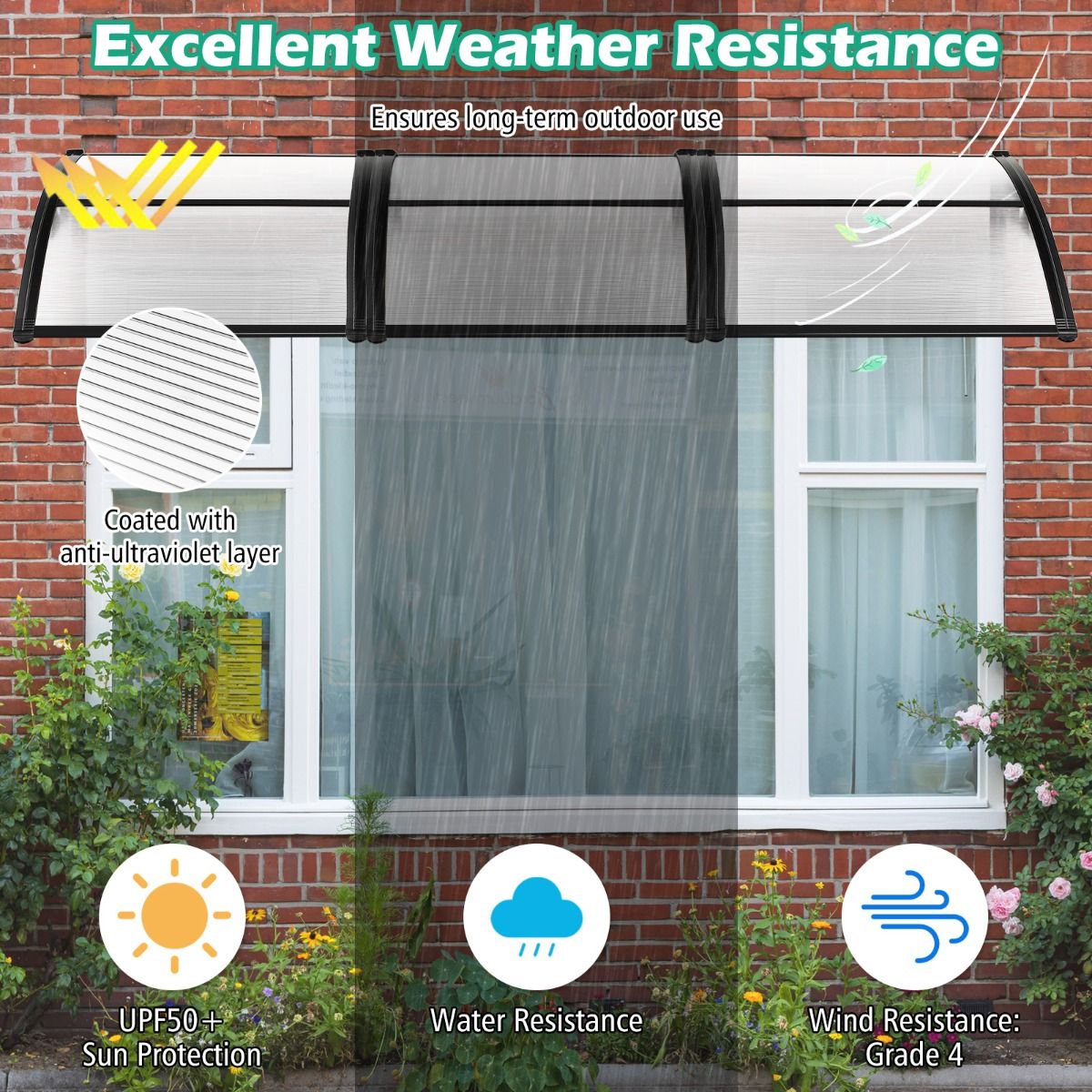 Auvent pour porte-fenêtre Coast - protection contre le soleil et la pluie - panneau en polycarbonate - gris - 102 x 99 cm