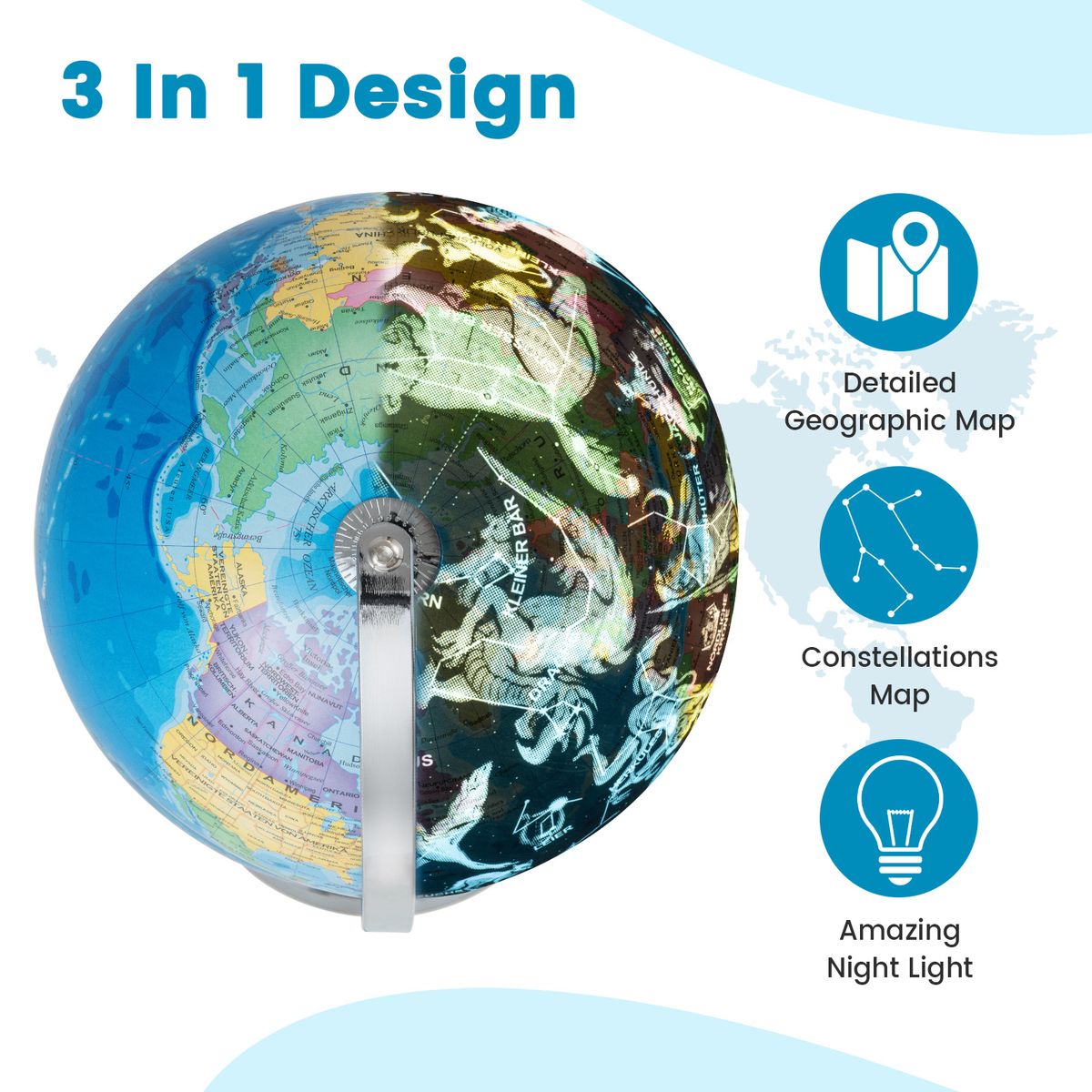 Globe terrestre lumineux Coast - avec les constellations - socle en métal - bleu - 23 cm