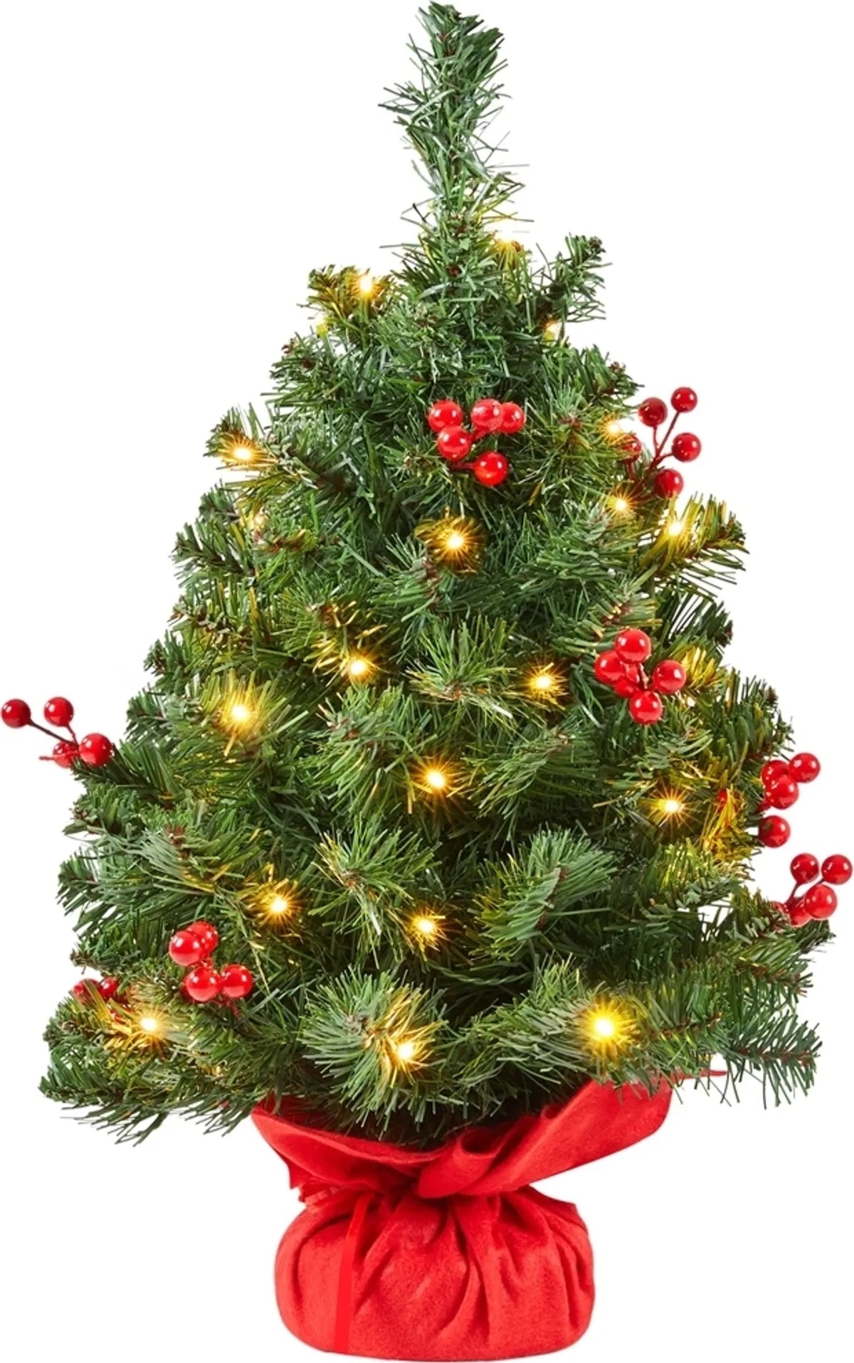 Yaheetech Arbre de Noël de table avec lumières - 38 x 38 x 60 cm - avec 35 lumières LED et 40 baies rouges et base en béton avec tissu rouge - pour le buffet et le bureau - PVC vert et béton