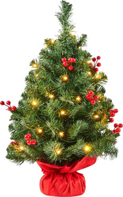 Yaheetech Arbre de Noël de table avec lumières - 38 x 38 x 60 cm - avec 35 lumières LED et 40 baies rouges et base en béton avec tissu rouge - pour le buffet et le bureau - PVC vert et béton