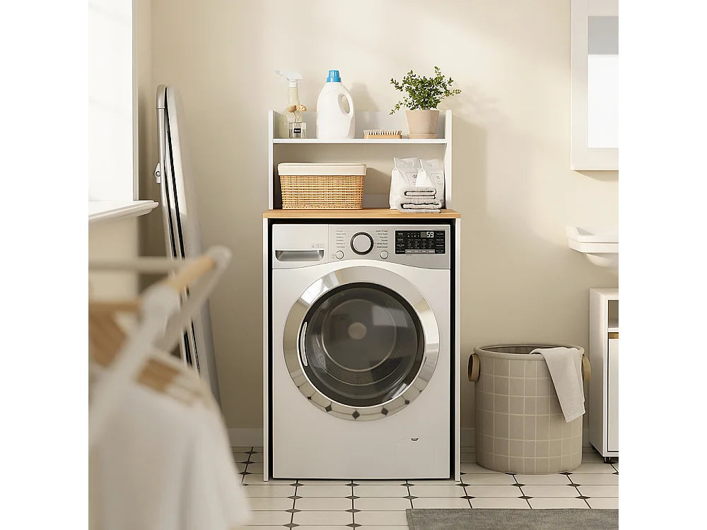 Meuble pour lave-linge SoBuy BZR224-WN - Avec plan de travail et étagère ouverte - 66 x 60 x 126,5 cm - Blanc/Chêne clair
