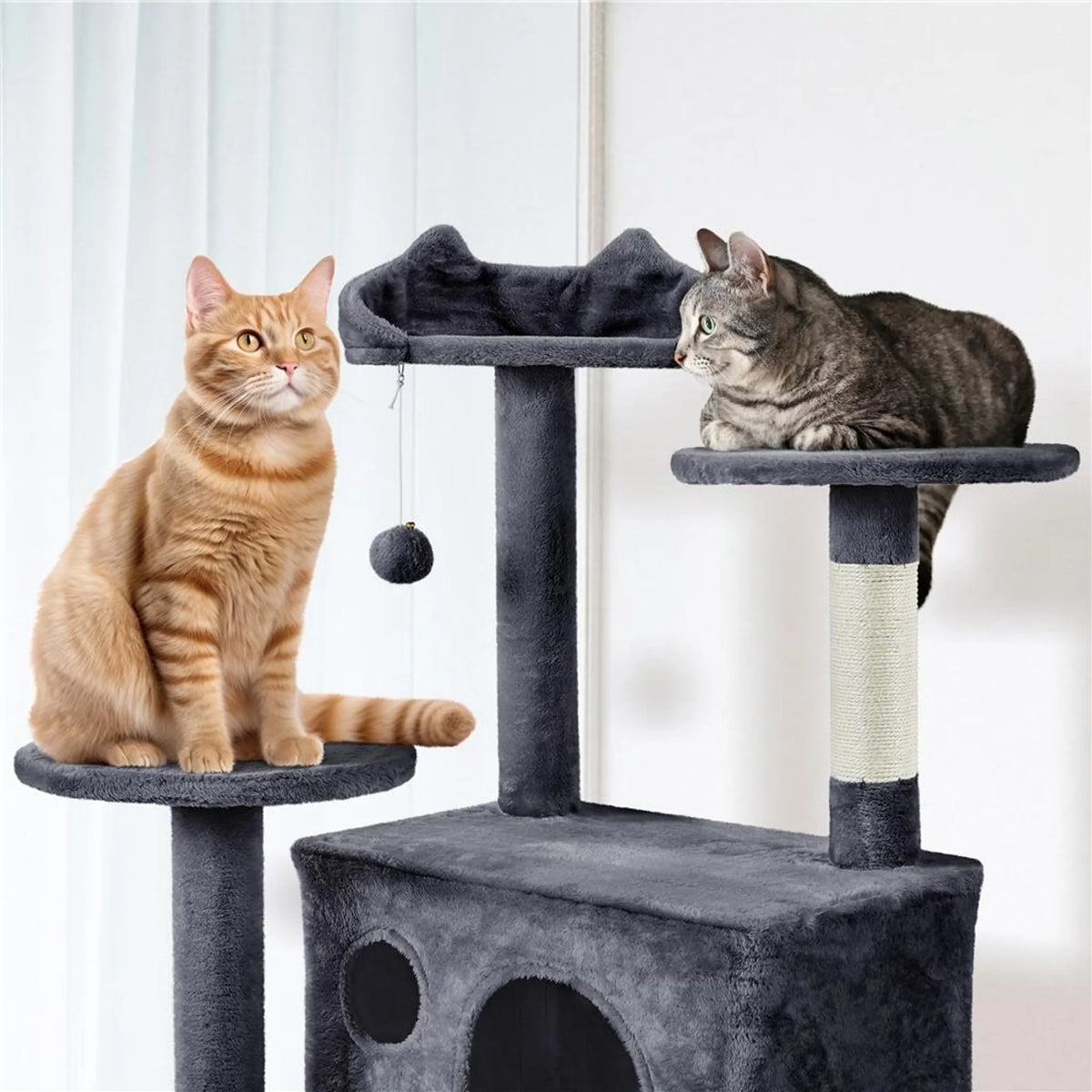 Yaheetech Cat Post XXL avec deux paniers pour chats - équipé d'une rampe d'escalade, d'une chaise longue pour les oreilles du chat et de boules de jeu suspendues - pour les foyers avec plusieurs chats - peluche et sisal gris foncé - 59,5 x 55 x 202,5 cm