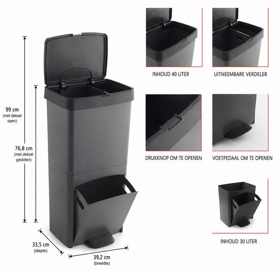 Poubelle de recyclage Sp Berner - poubelle - 2 ou 3 compartiments - plastique 100 % recyclé - gris