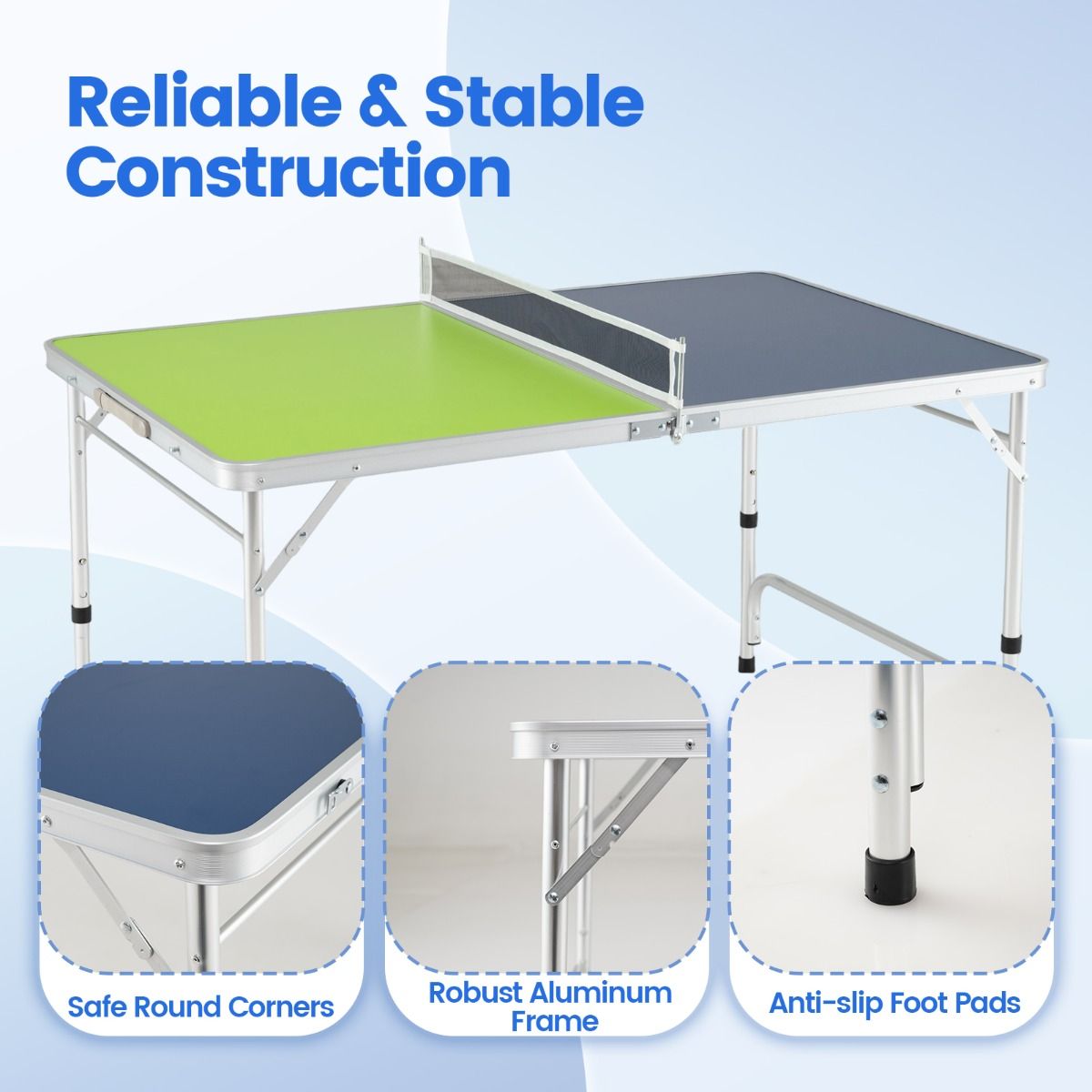 Table de ping-pong Coast Mini - Pliable - Hauteur réglable - 120 x 76 cm - Vert, bleu, argent