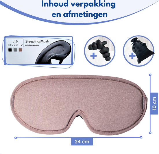 Hilvard - Masque de sommeil - Masque oculaire - Bouchons d'oreilles inclus - 100% occultant - Ajustable - Ergonomique - Rose