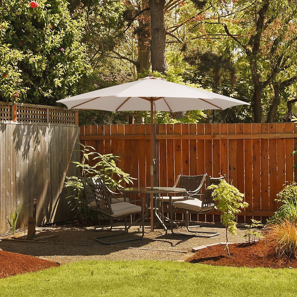 Parasol Coast avec pied de parasol - 300 cm - Système de poulie à corde - Remplissable, avec roulettes - Beige