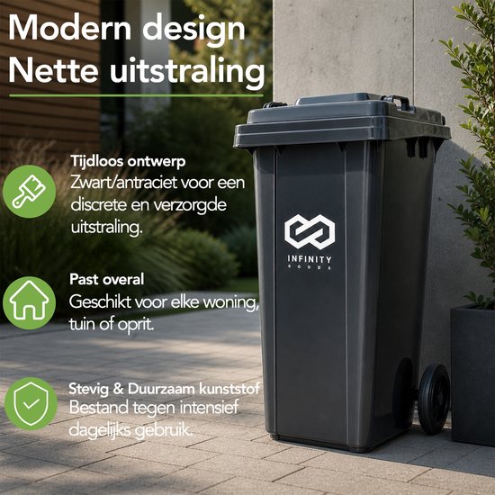 Infinity Goods Kliko 120 L - Conteneur à déchets - Conteneur à roulettes - Mini-conteneur en plastique - Avec roues - Gris