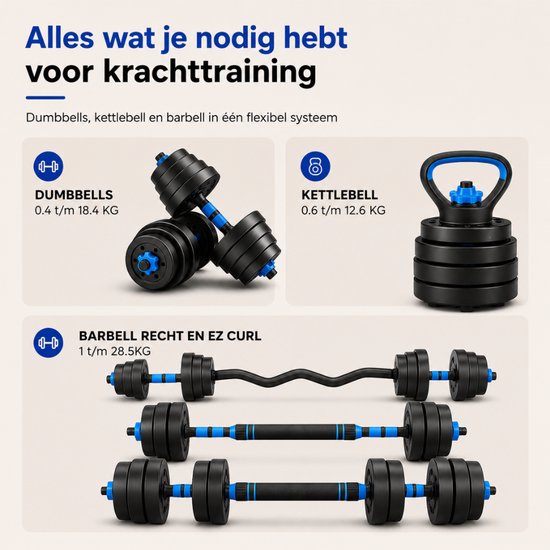 Sportfloww Dumbbells 28,5 kg – Ensemble d'haltères – Ensemble de poids comprenant un kettlebell, une barre d'haltères, une barre EZ et un rouleau abdominal – Haltères réglables