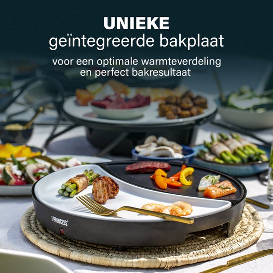 Princess Dinner4All 103080 - Set gastronomique - Gril et plaque de cuisson - Cordon d'alimentation extra-long de 2 mètres - 4 personnes - Lavable au lave-vaisselle - Sans PFAS - Kit d'extension disponible