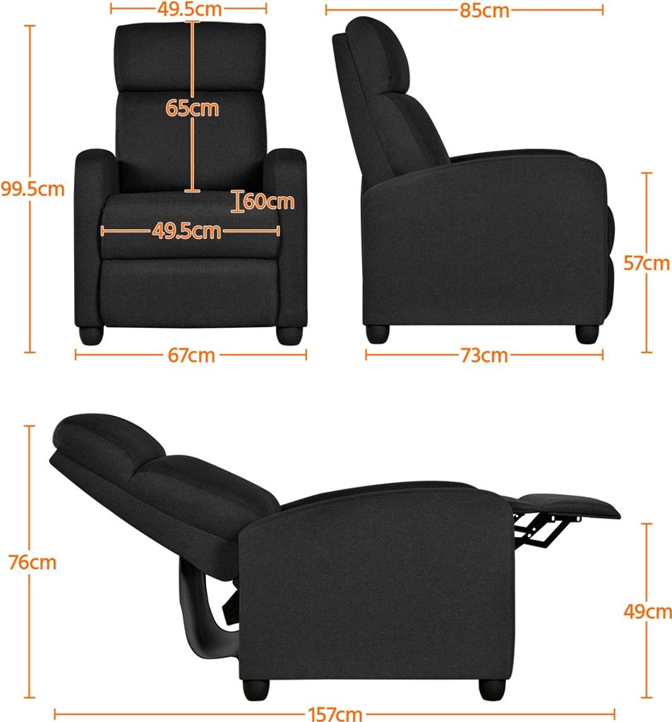 Fauteuil relax Yaheetech avec fonction allongée - Fauteuil TV - Aspect lin - Noir - 67 x 85 x 99,5 cm
