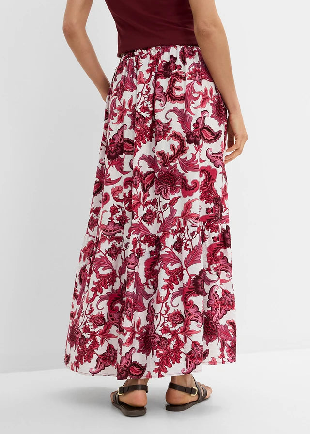 Jupe longue Bonprix en mélange de viscose souple - Coupe classique - Motifs floraux rouge érable/blanc laine