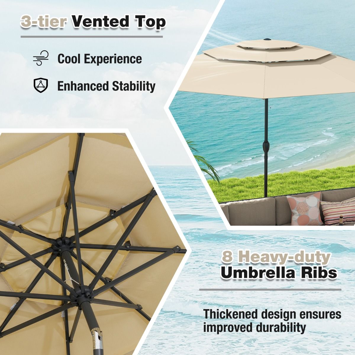 Parasol de table Coast - 3 couches ventilées - Inclinable à l'aide d'une manivelle - 300 cm de diamètre - Beige