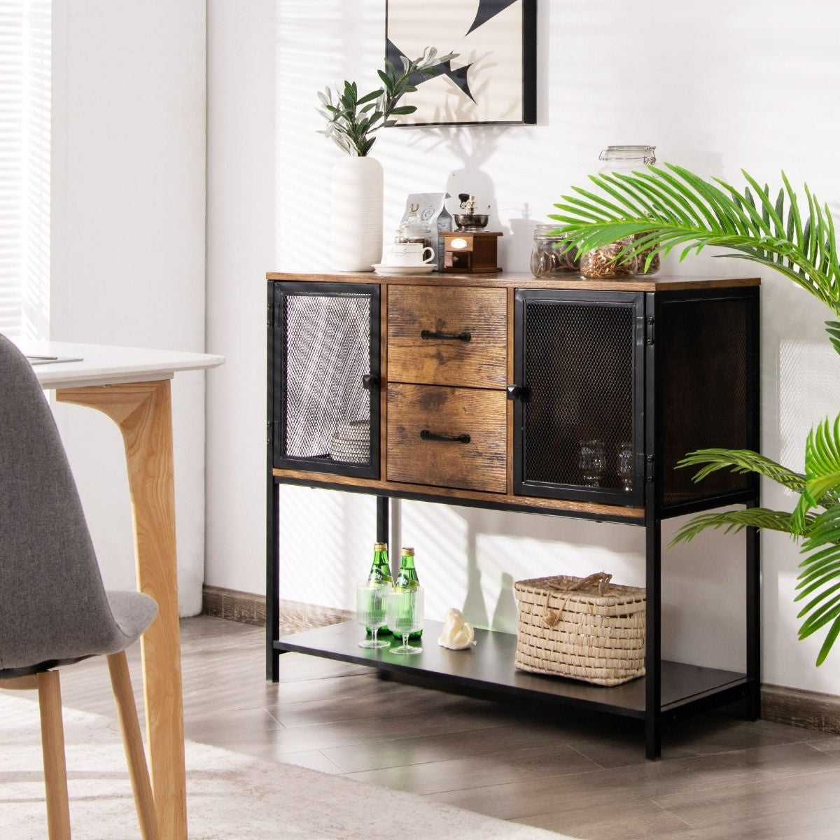 Coast Buffet industriel multifonctionnel avec 2 armoires grillagées et 2 tiroirs 100 x 35 x 85 cm