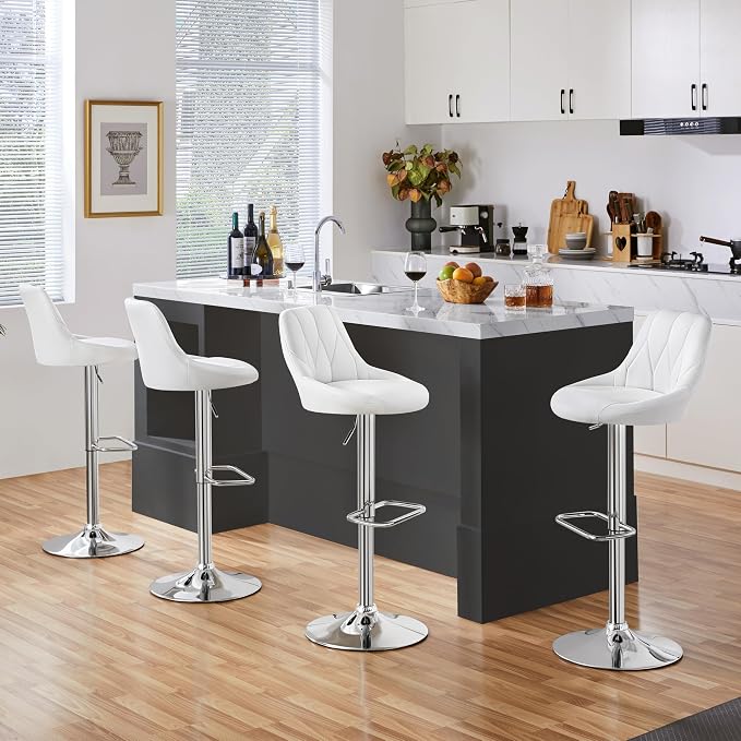Tabouret de bar Yaheetech avec dossier et repose-pieds - Simili cuir - Réglable de 86 à 107,5 cm - 46 x 49 cm - Blanc