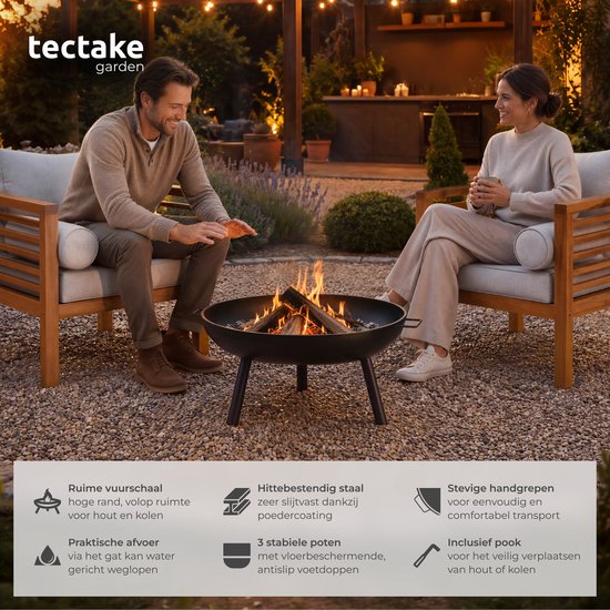 tectake® Brasero Diablo - Acier résistant à la chaleur - Brasero avec tisonnier - Ø 57,5 cm - Foyer de jardin - Foyer d'ambiance d'extérieur - Avec poignées et système d'évacuation de l'eau - Pour le bois de chauffage et le charbon de bois
