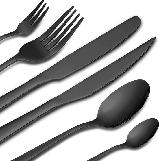 Deleca 8 Person Cutlery Set Essential (48 pieces) - Spoons, Knives, Forks, Steak Knives & Pastry Forks - Dishher Safe Cutlery - Shiny Black / Stainless Steel