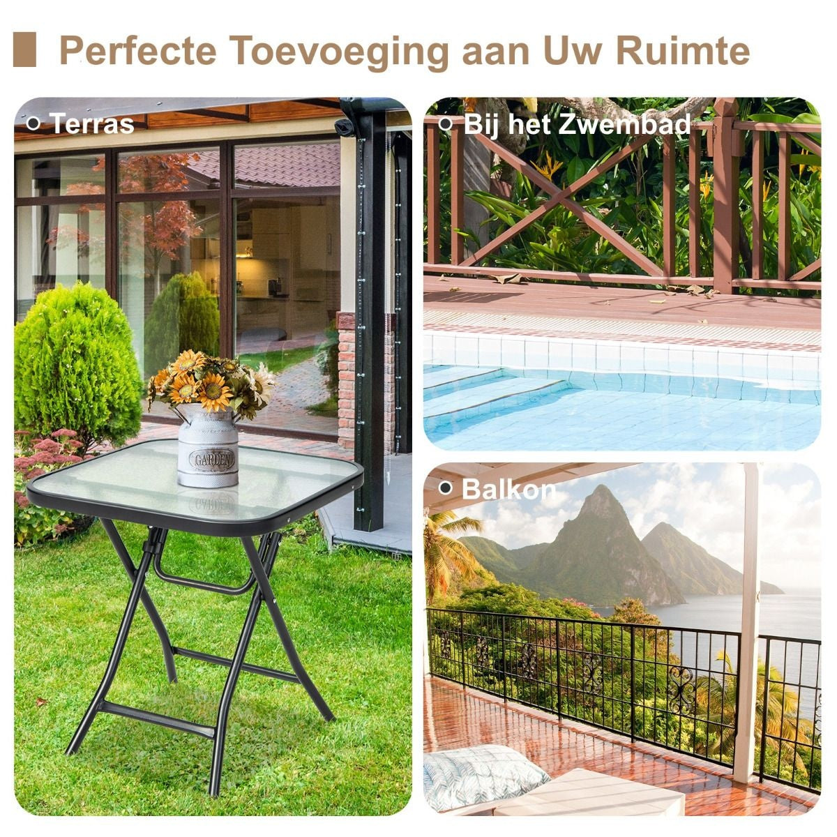 Coast Terrace table d'appoint table carrée en verre avec cadre en inox table basse pliante noire