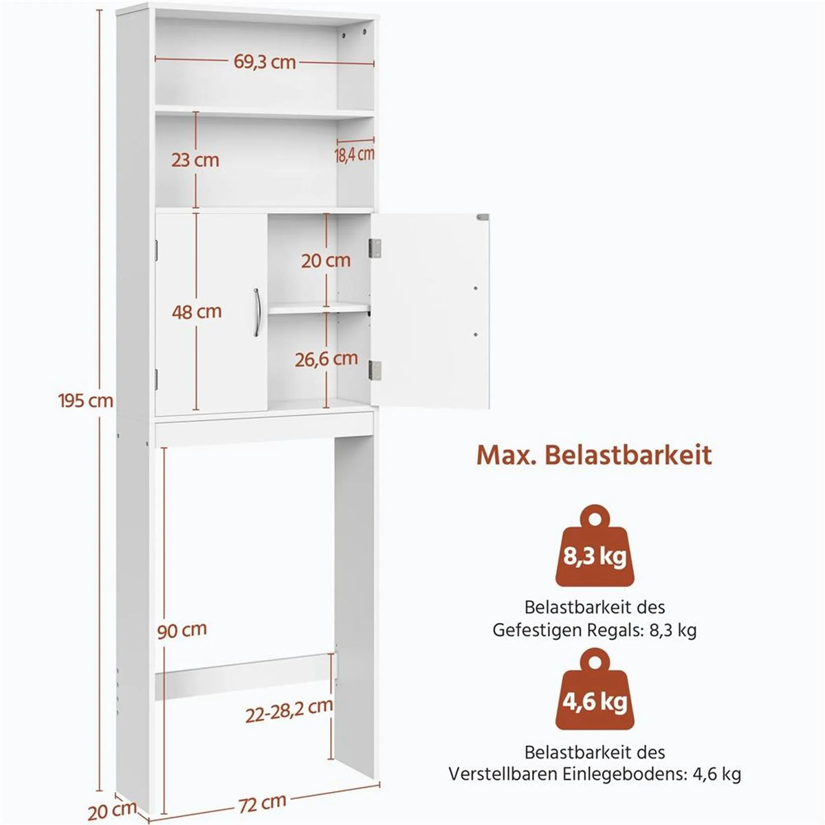Meuble de salle de bains et meuble pour lave-linge Yaheetech - 195 cm de hauteur - 72 x 20 cm - Blanc