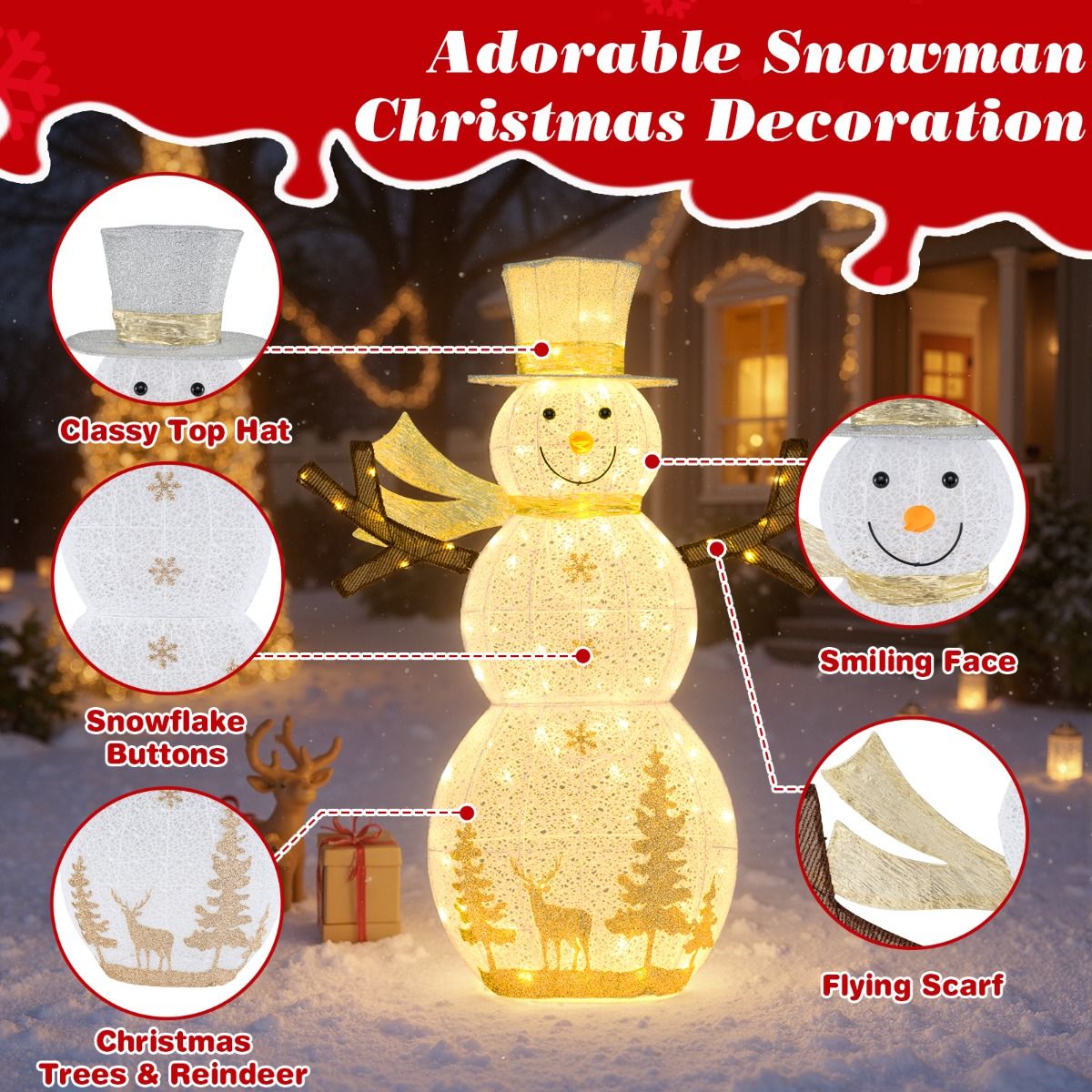 Décoration de Noël « Bonhomme de neige » Coast LED - 100 ampoules LED blanc chaud - 141 cm de haut - avec chapeau et écharpe - blanc